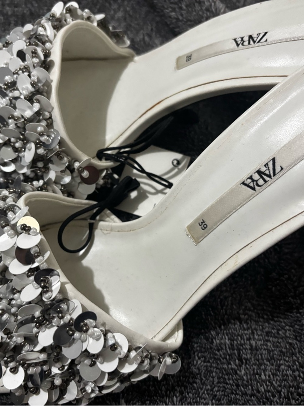 ZARA White Sequin & Bead Slingback Heels